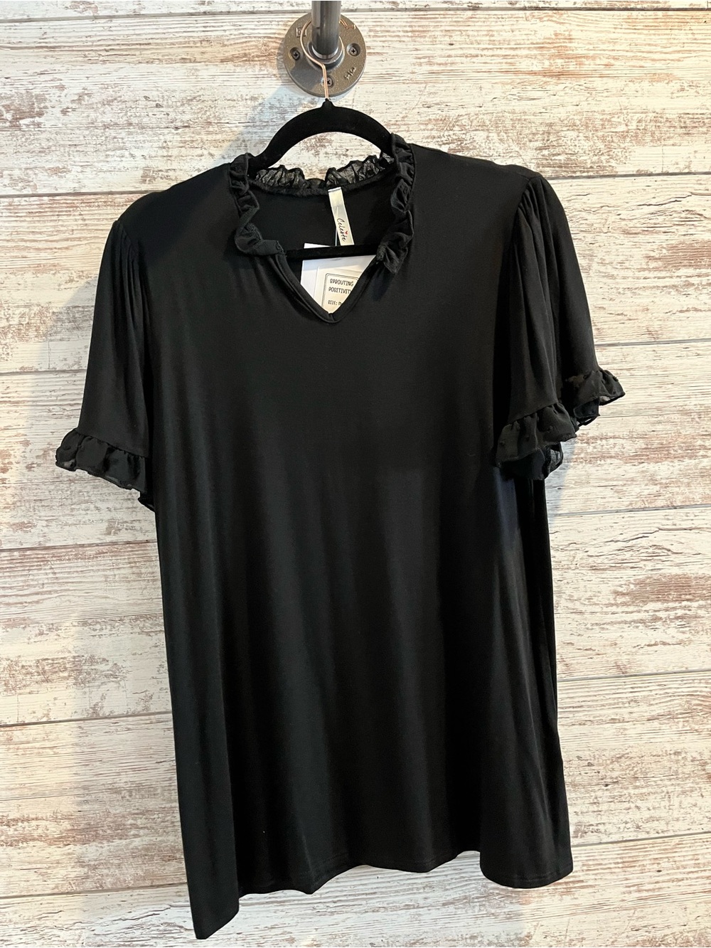 Celeste Black Short Sleeve Ruffle V-Neck Top